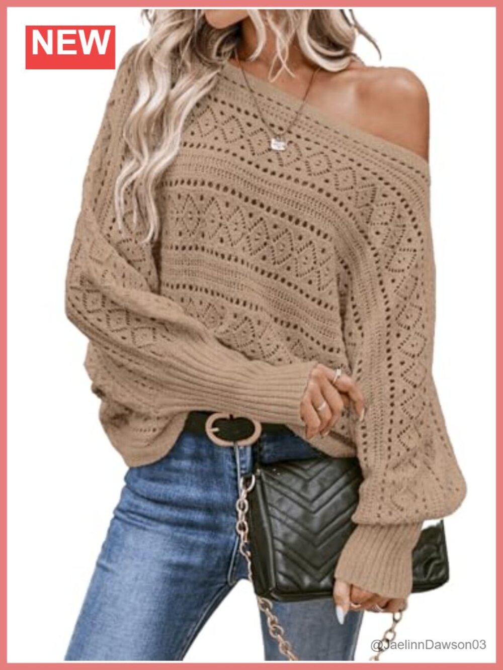 Off Shoulder Crochet Dolman Sleeve Oversized Boat Neck Pullover Sweater